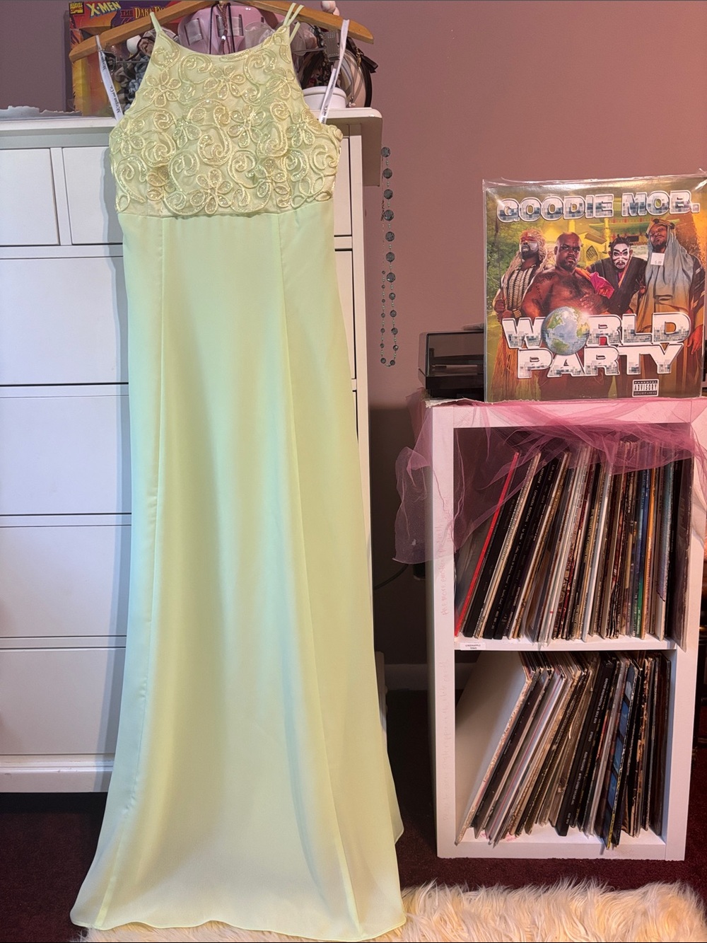 Vintage 90s Formal Evening Gown Y2K Party Maxi Dress Green Pastel Glitter Iconic
